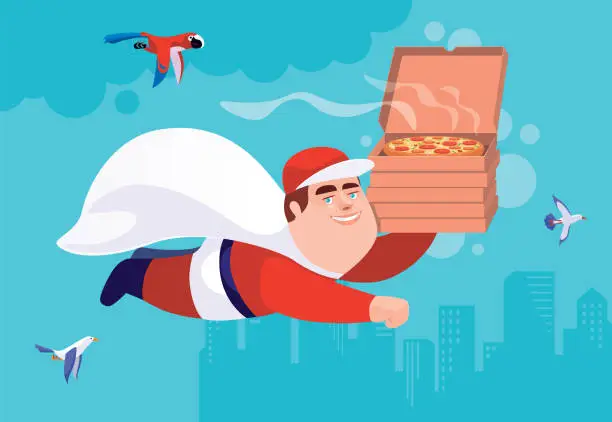 Vector illustration of superhero courier flying and carrying stack of pizza boxes