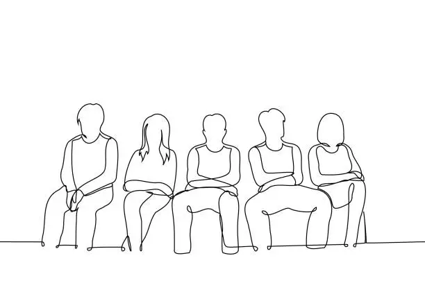 Vector illustration of group of people of adult men and women sitting in one row - one line art vector. concept crowd waiting, patients, clients, queue