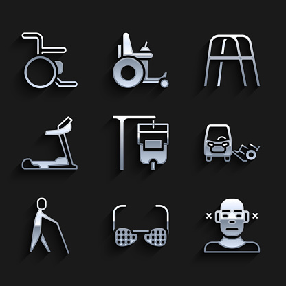 Set IV bag, Blind glasses, Deaf, Disabled car, human holding stick, Treadmill machine, Walker and Wheelchair icon. Vector