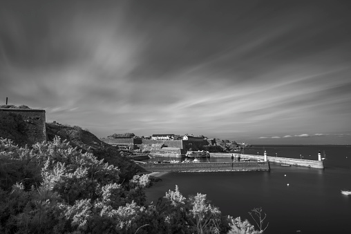 View of the Vauban citadel and the port of Le Palais in Belle-île-en-mer. Infrared and black-and-white image.