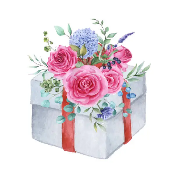 Vector illustration of Gift box with a bouquet of roses and hydrangea flowers.