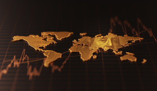 Global business gold economy finance market money currency of growth stock investment banking chart on 3d world background golden profit financial graph price trade exchange wealth worldwide economic.