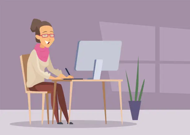 Vector illustration of Designer working. woman artist working at PC in home workplace. Vector cartoon background