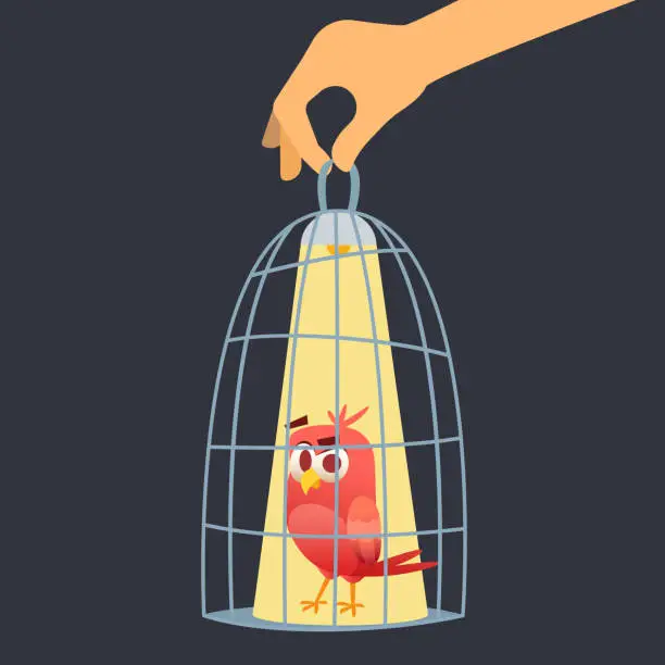 Vector illustration of Bird in cage. freedom concept man holding closed cage with red bird. Vector illustration