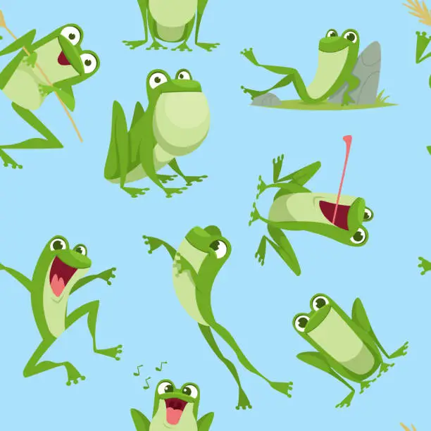 Vector illustration of Frogs pattern. cartoon happy frogs jumping standing sitting. Vector cartoon template for kids seamless backgrounds