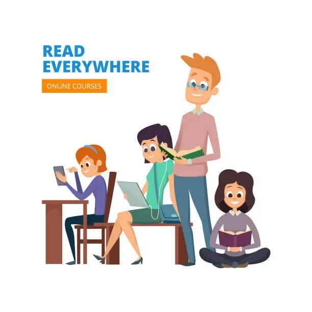 Vector illustration of Readers. Characters male and female learning information and reading books in library