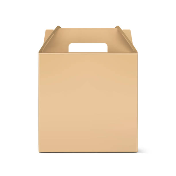 Carry craft box with handle for transport and sell your quality product mockup. Vector illustration isolated on white background. Easy to use for presentation your product, idea, promo, design. EPS10. cardboard box mockup stock illustrations
