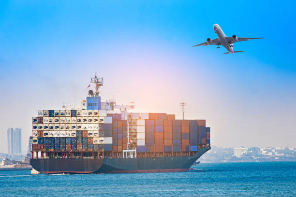 istock Plane and ship container freight shipping transport system cargo ship container. international transportation Export-import business, logistics, transportation industry concepts 1805330416