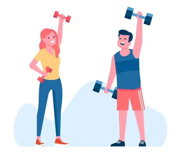 Vector illustration of Athletic guy and girl doing workout with dumbbells. Active happy couple sport training. Fitness exercise. Healthy lifestyle. People in sportswear. Athletes weightlifting. Vector concept