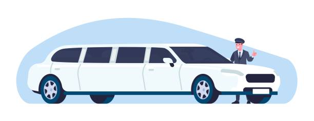 Driver standing next to limo. Car driving. Luxury automobile. Chauffeur in uniform. Auto transportation. Expensive vehicle. White limousine for wedding. VIP transport. Vector concept Driver standing next to limo. Car driving. Luxury automobile. Chauffeur in uniform. Auto transportation. Expensive vehicle. White limousine for wedding. VIP transport. Butler waiting. Vector concept celebrity limo stock illustrations