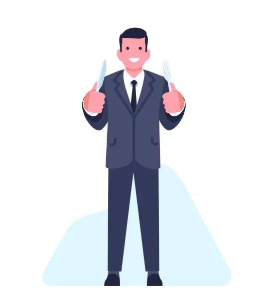 Vector illustration of Young man in suit holds knife and fork. Hungry guy ready for dinner. Food eating. Happy businessman with dining cutlery. Lunch serving. Standing male. Restaurant employee. Vector concept