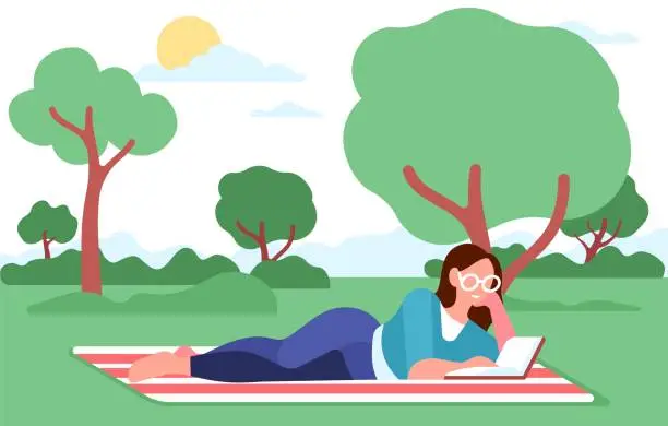 Vector illustration of Young smiling woman reading book in park. Summer picnic on grass. Girl lying on blanket. Outdoor leisure. People relax in nature. Enjoy of literature. Textbook studying. Vector concept