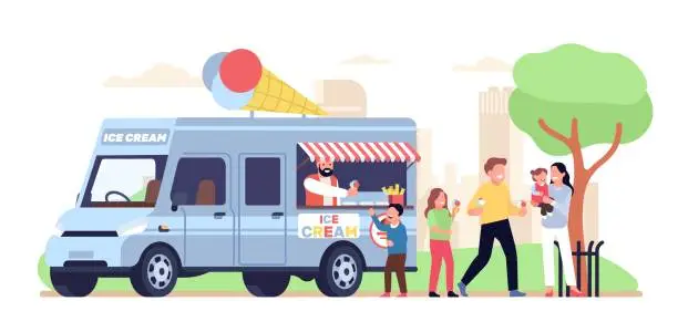 Vector illustration of Family buys ice cream at park by ice cream truck. Street food auto van in park. Takeaway cafe. Vendor at outdoor counter. Mother and father walking together with kids. Vector concept