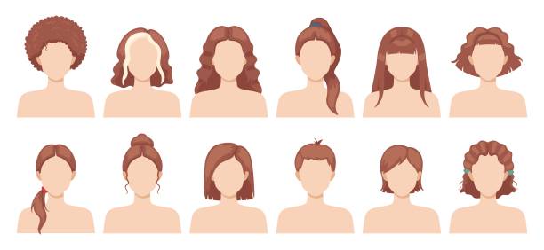 Woman hairstyles. Female haircuts. Trendy long and short loose hair. Brunette girls heads. Curly, wavy and straight hairdo types. Glamour tails and bunches. Beauty salon. Recent vector set Woman hairstyles. Young female haircuts. Trendy long and short loose hair. Cute brunette girls heads. Curly, wavy and straight hairdo types. Glamour tails and bunches. Beauty salon. Recent vector set short weave hairstyles stock illustrations