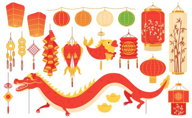 Cartoon Chinese suspended and flying lanterns. Traditional holiday decorations. New Year red paper lamp shapes. Golden tassels. Oriental lighting. Dragon and fish. Recent vector set vector art illustration