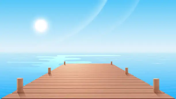 Vector illustration of A wooden pier or deck extending into the sea or ocean to the sunlit skyline.