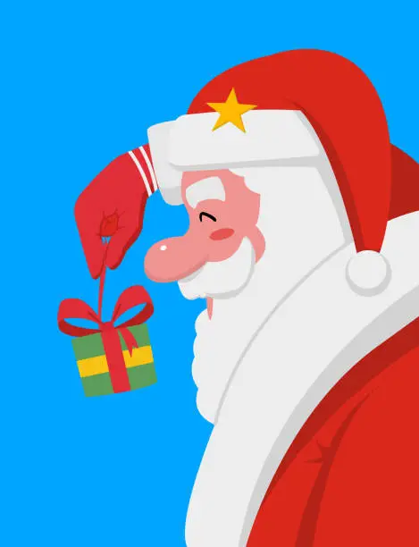 Vector illustration of santa claus with gift box christmas decor, santa character vector side view, cartoon