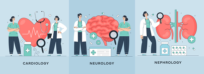 Cardiology, Neurology, Nephrology Illustrations for User Onboarding Template