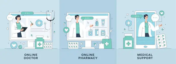Vector illustration of Online Doctor, Online Pharmacy, Medical Support Illustrations