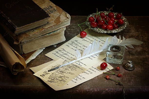 istock Still-life with a pen, ink, paper and cherry 180538241