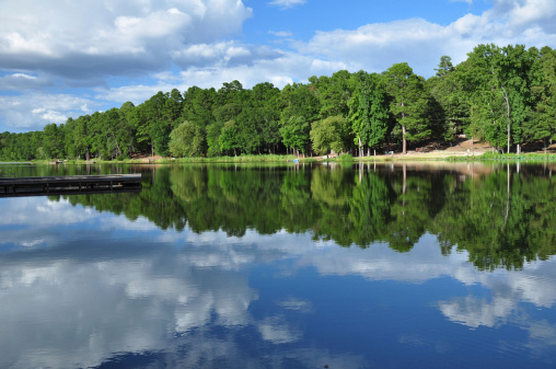 Peaceful scenic lake in East Texas.  The water reflects theReflects the blue sky and clouds.  The shoreline is full of green pine and oak trees.
