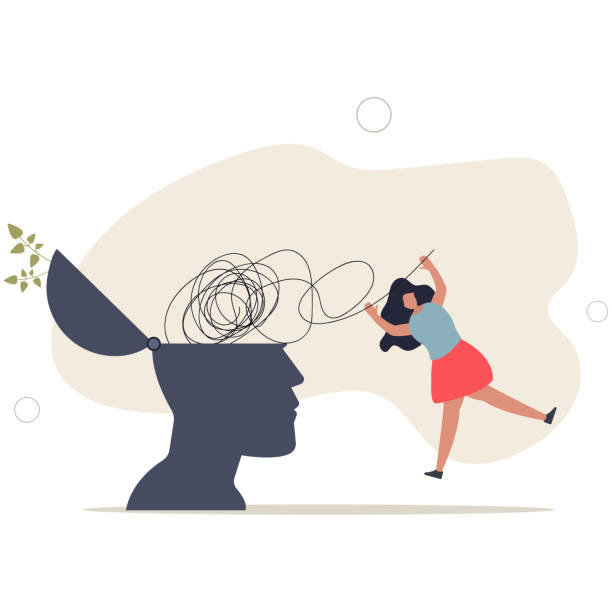 ilustraciones, imágenes clip art, dibujos animados e iconos de stock de salud mental. carácter con trastorno mental lucha contra el estrés, la depresión, el agotamiento emocional y otros problemas psicológicos.confusión de pensamientos. - tied knot rope adversity emotional stress