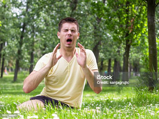 An Allergic Man Sitting In A Field With Flowers Sneezing Stock Photo - Download Image Now