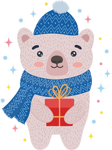 A cute bear in a hat and scarf is standing under the snow with a cup of coffee. Christmas design. Vector illustration. The inscription with congratulations.
