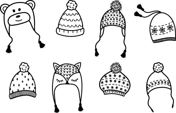 dzianinowe czapki zimowe w kształcie sowy, niedźwiedzia i lisa. zestaw ikon wektorowych ciepłych czapek, akcesoriów zimowych i jesiennych. kolekcja czapek z nausznikami ze zwierzętami. odzież dziecięca. vect - polar bear bear vector mammal stock illustrations