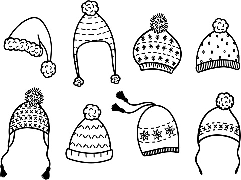 Knitted winter hats in the form of an owl, a bear and a fox. A set of vector icons of warm hats, winter and autumn accessories. Collection of hats with earflaps with animals. Children's clothing. Vect