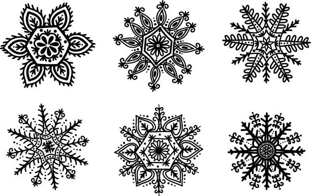 Vector illustration of A set of snowflakes. A set of linear icons. Stock illustration. Vector illustration.