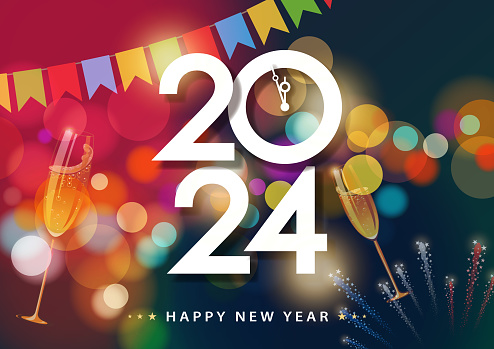 Join the countdown party on the New Year's Eve of 2024 with clock and 2024, has colorful bunting decoration, celebratory toast, firework display and spot lit on the  background