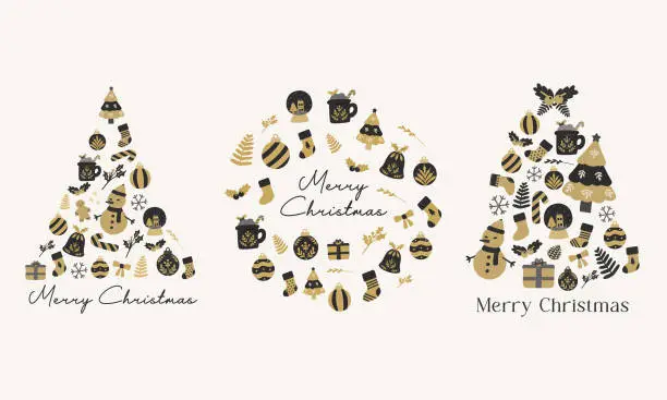 Vector illustration of Christmas tree collage of christmas elements collection. Black and gold hand drawn vector flat illustration. For winter poster, card, scrapbooking, invitation, social media, post, prints