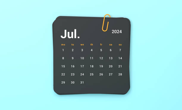 istock 2024 July Calendar Pages Held By A Paperclip On Blue Background 1805416265