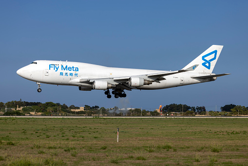 Luqa, Malta - October 3, 2023: Fly Meta (Air Atlanta Icelandic) Boeing 747-446(BDSF) (REG: TF-WFF) coming in to land on a cargo flight.