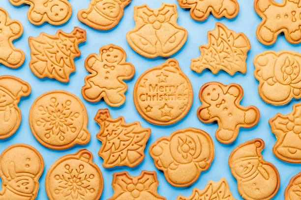 Diverse Christmas gingerbread cookies, festive sweetness. Flat lay
