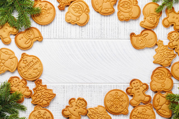 Diverse Christmas gingerbread cookies, festive sweetness. Flat lay with copy space