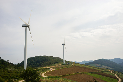 hill with wind turbines
