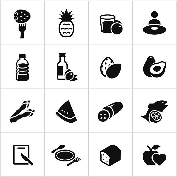 ilustraciones, imágenes clip art, dibujos animados e iconos de stock de negro iconos de comida sana - bread cereal plant black food