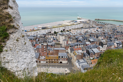 Le Treport, France - July 13, 2022: The city of Le Treport on a sunny day in summer, aerial view