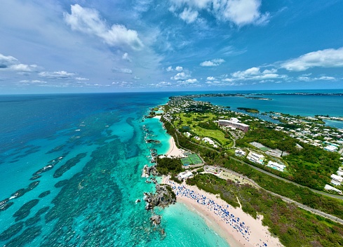 Bermuda, United States – June 05, 2023: Aerial view of a vibrant cityscape with crystal blue green waters in Bermuda Island