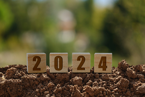 Wooden blocks on top of soil, 2024 new years concept