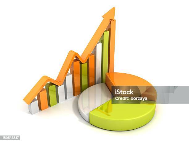 Pomarańczowy Zielony Pasek I Kołowy Wykres Z Strzałka Wzrost Sukcesu - zdjęcia stockowe i więcej obrazów Grafika komputerowa