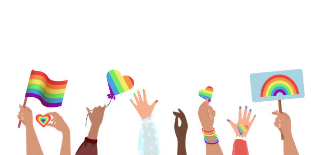 руки держат флаг лгбт, плакат лгбт, символ лгбт. люди толпятся с радужным флагом, радужными сердцами и сердцами, лгбтк-сообществом, месяцем г - heart shape gay pride gay pride flag lesbian stock illustrations
