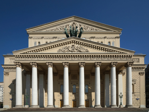 The Bolshoi Theatre a historic theatre in Moscow, Russia, designed by architect Joseph Bove, which holds performances of ballet and opera