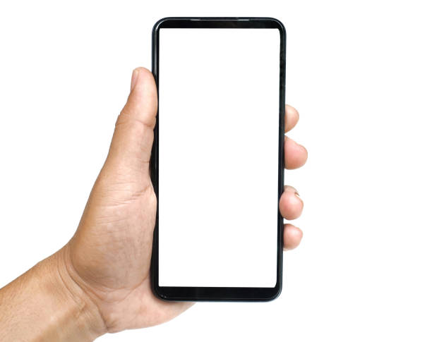 istock Male hand holding a white screen on a white background. business concept. 1805456070