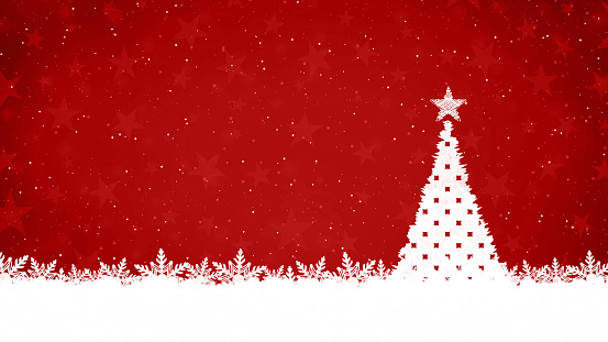istock Creative dark red or maroon coloured backgrounds with one white scribbled spotted christmas tree with a bright shining star at top, snowflakes all over the ground, stars and glitter in glittering backdrop 1805458237