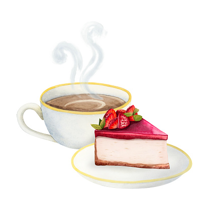 Hot coffee cup with cappuccino and strawberry cheesecake dessert watercolor illustration isolated on white background for menus and flyers.