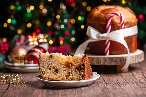 Traditional Italian Christmas cake Panettone with festive decorations