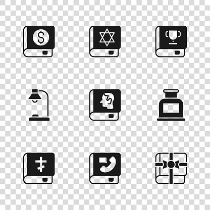 Set Phone book, Inkwell, Book as a gift, Law, Financial, Jewish torah and Table lamp icon. Vector